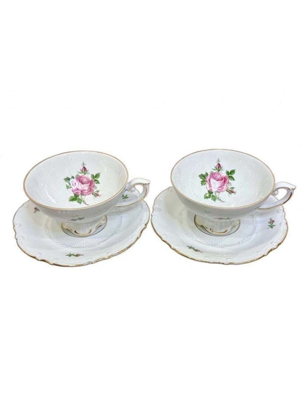 Antique Altenburg Saxony Porcelain Floral Teacups & Saucers Set Germany 1910s